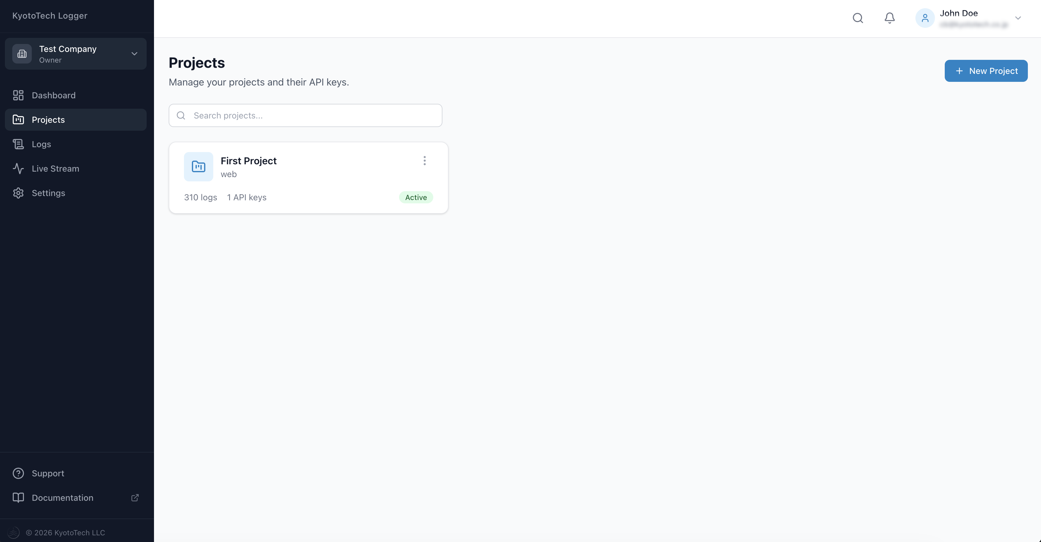 KyotoTech Logger projects page showing project cards with status and API key count